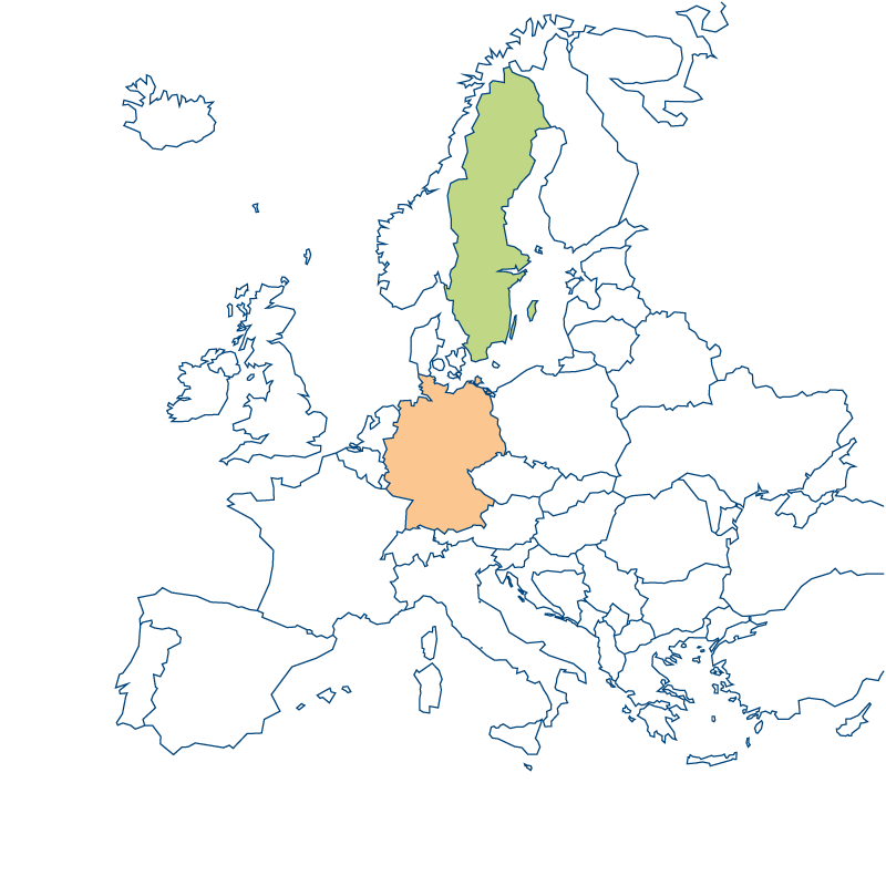 karta över europa med sverige i grönt och tyskland i orange